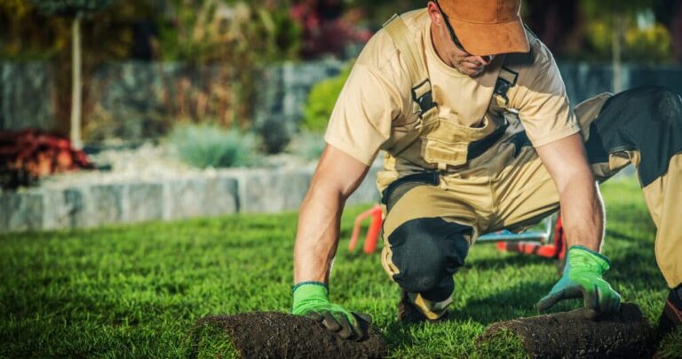 Landscaper laying sod