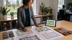 a person going over a landscape design layout in their office