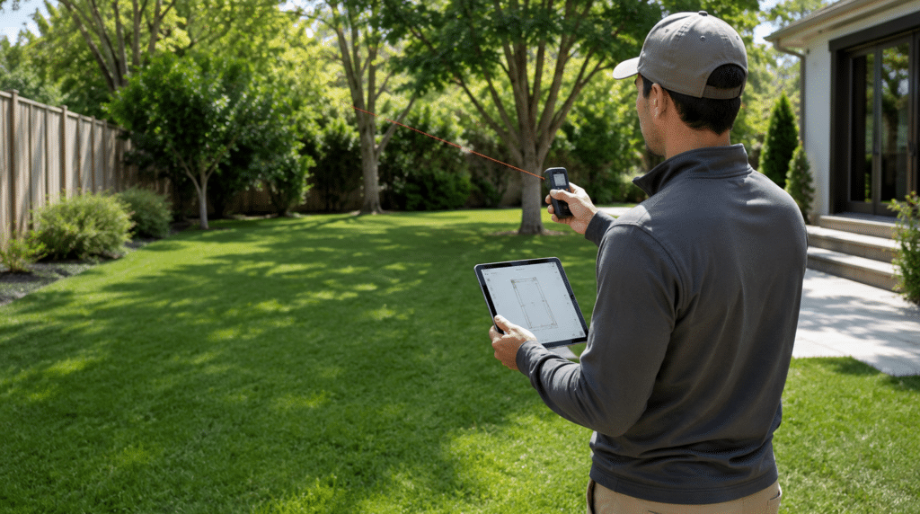Landscape designer taking yard measurements with laser tool and tablet