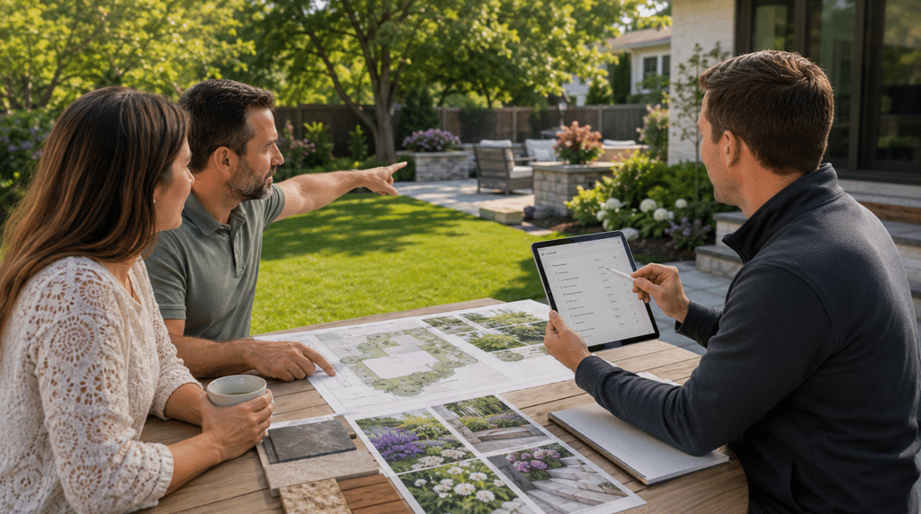 Landscape designer talking to clients in backyard making project plans