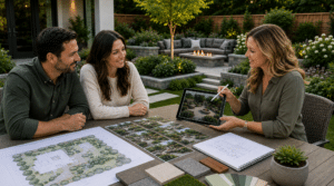 Landscape designer talking to clients in backyard showing design plans