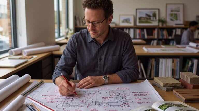 a person reviewing a landscape design at their desk