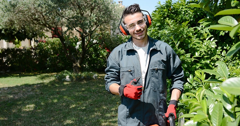 Young male landscaper holding thumbs up while practicing landscape