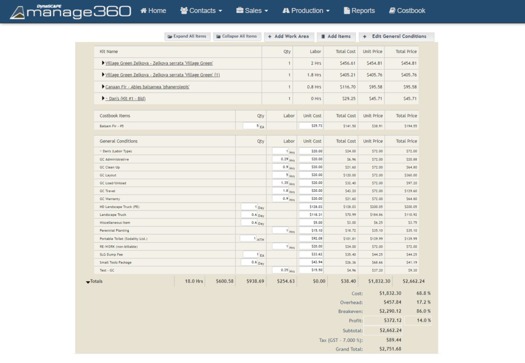 Sales & Estimating Costs